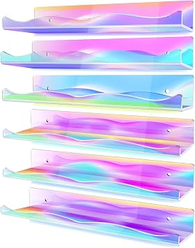 6 Packs Iridescent Clear Acrylic Floating Shelves, 15.7 Inch Large Dolls Pop Display Case Picture Ledge Shelf, Acrylic Floating Wall Bookshelf Organizer for Kids Room Bathroom Nursery