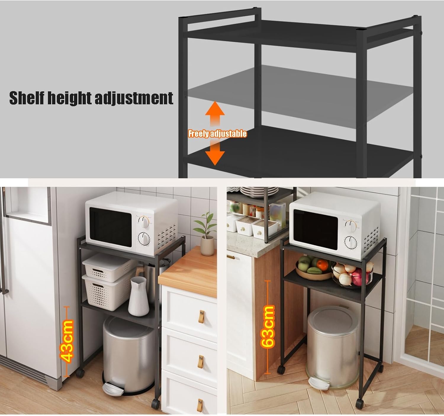 Foldable Metal Storage Shelves Organizer, Portable Adjustable Microwave Stand On Wheels, Mini Fridge Shelf Storage Rack, for Laundry Dorm Kitchen Pantry