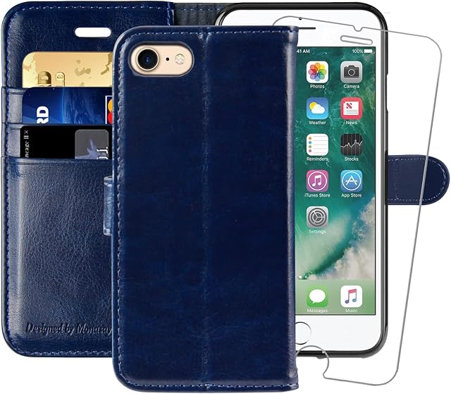 MONASAY iPhone SE 2022/2020 5G Case,iPhone 8 Wallet Case , iPhone 7 Case,4.7-inch, [Glass Screen Protector] Flip Folio Leather Cell Phone Cover with Credit Card Holder for Apple iPhone 7/8/SE2/SE3