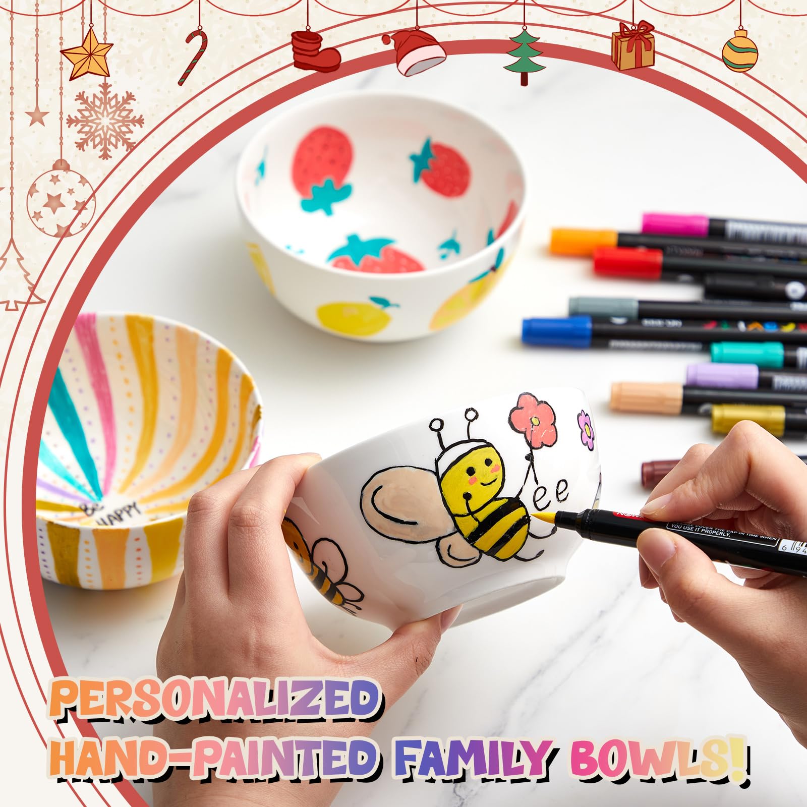 Sinmoe DIY Keramik Bemalen Set 12 in 24 Farben Porzellanstifte Spülmaschinenfest und 6 Keramikschale Keramikstifte mit Doppelspitzezum Bemalen und Verzieren von Töpferwaren, Keramik(Rand 11,7cm)