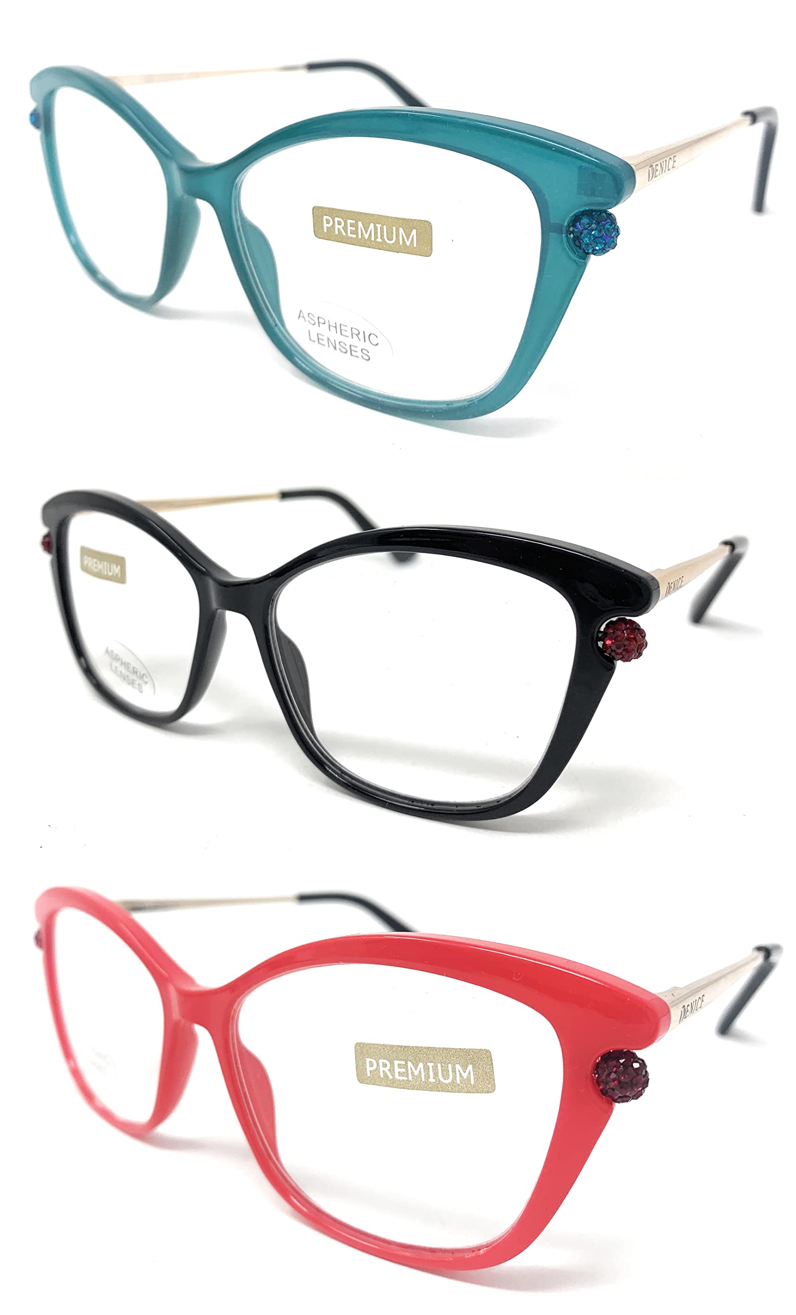 Zestaw okularów do czytania Najnowsza modna konstrukcja ze strass. EKSKLUZYWNA. okulary prezbiopii, zmęczony wzrok. VENICE Premium Perl - Dioptrias: 1 do 3,5, Pakiet 3 Zielony, Czerwony I Czarny