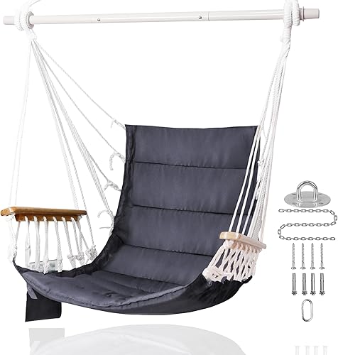 Miniatura 1 de Hamaca, columpio colgante para porche con reposabrazos de madera barra separadora de acero, kit de herramientas incluido tela acolchada hasta 350