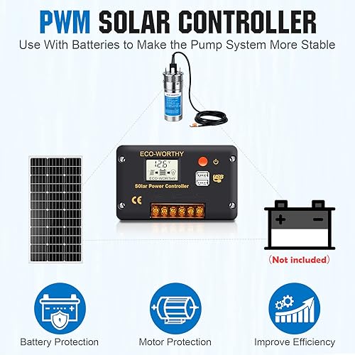 Miniatura 6 de ECO-WORTHY Sistema solar de bomba de pozo profundo, bomba de agua de 12 V + 2 paneles solares monocristalinos de 100 W + controlador de 20 A + cable