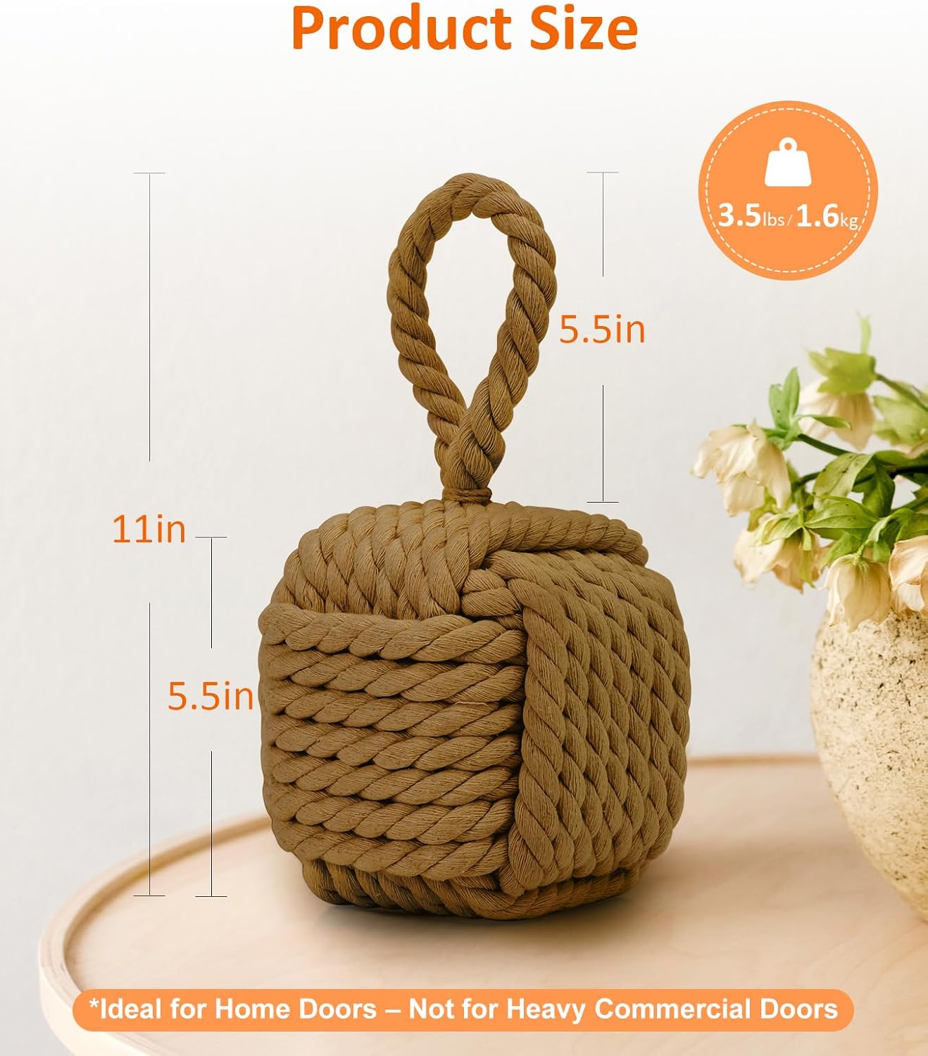 2Pack Decorative Door Stoppers - Cute Rope Knot Design, Heavy Duty Weighted Doorstop with Inside Mount for Home & School, Khaki