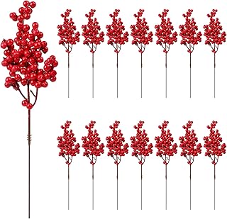 Pack of 20 Artificial Berry Branches, Fake Red Berries, Holly Berries, A...