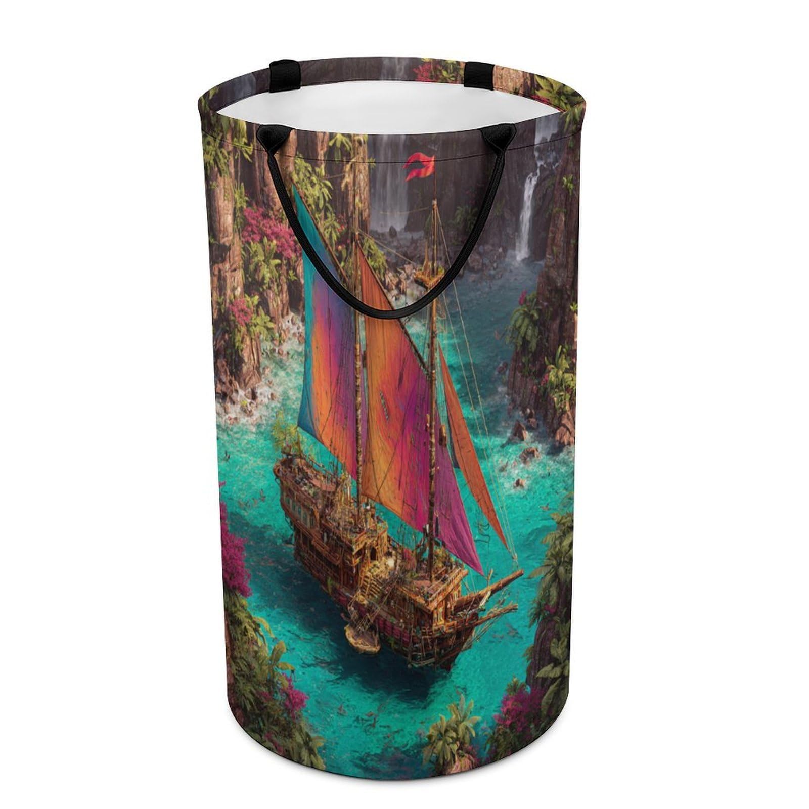 LUYYSKY Colorful Classic Pirate Ship Versatile Storage Laundry Basket, Retro Oil Painting Nautical Tropical Cliff Sea Boat Plant Floral Large Bathroom Laundry Hamper With Handle-40 CM Dia, 69 CM High