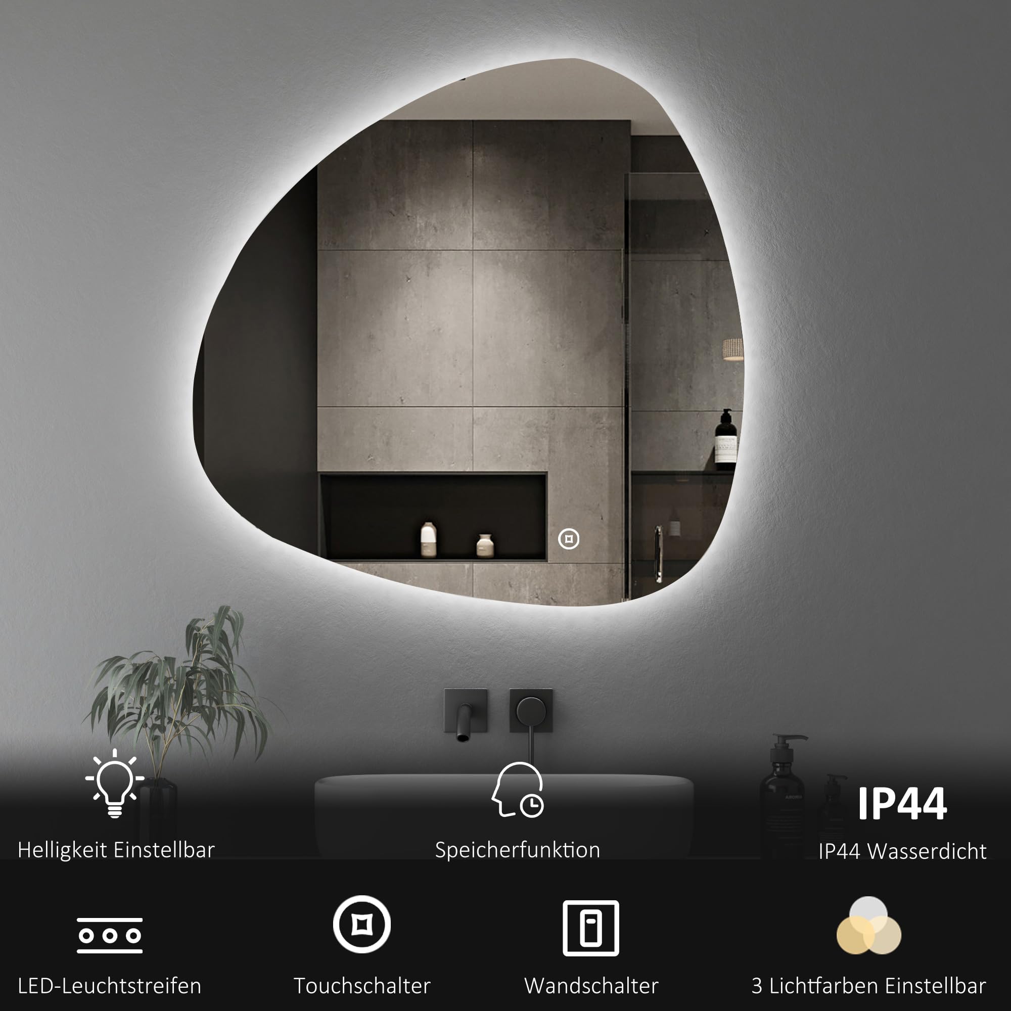 Boromal Asymmetrischer Badspiegel mit Beleuchtung 80x80cm LED Asymmetrischer Spiegel mit Beleuchtung Spiegel mit Licht Badezimmer Wandspiegel mit Touch-Schalter, 3 Lichtfarbe Dimmbar