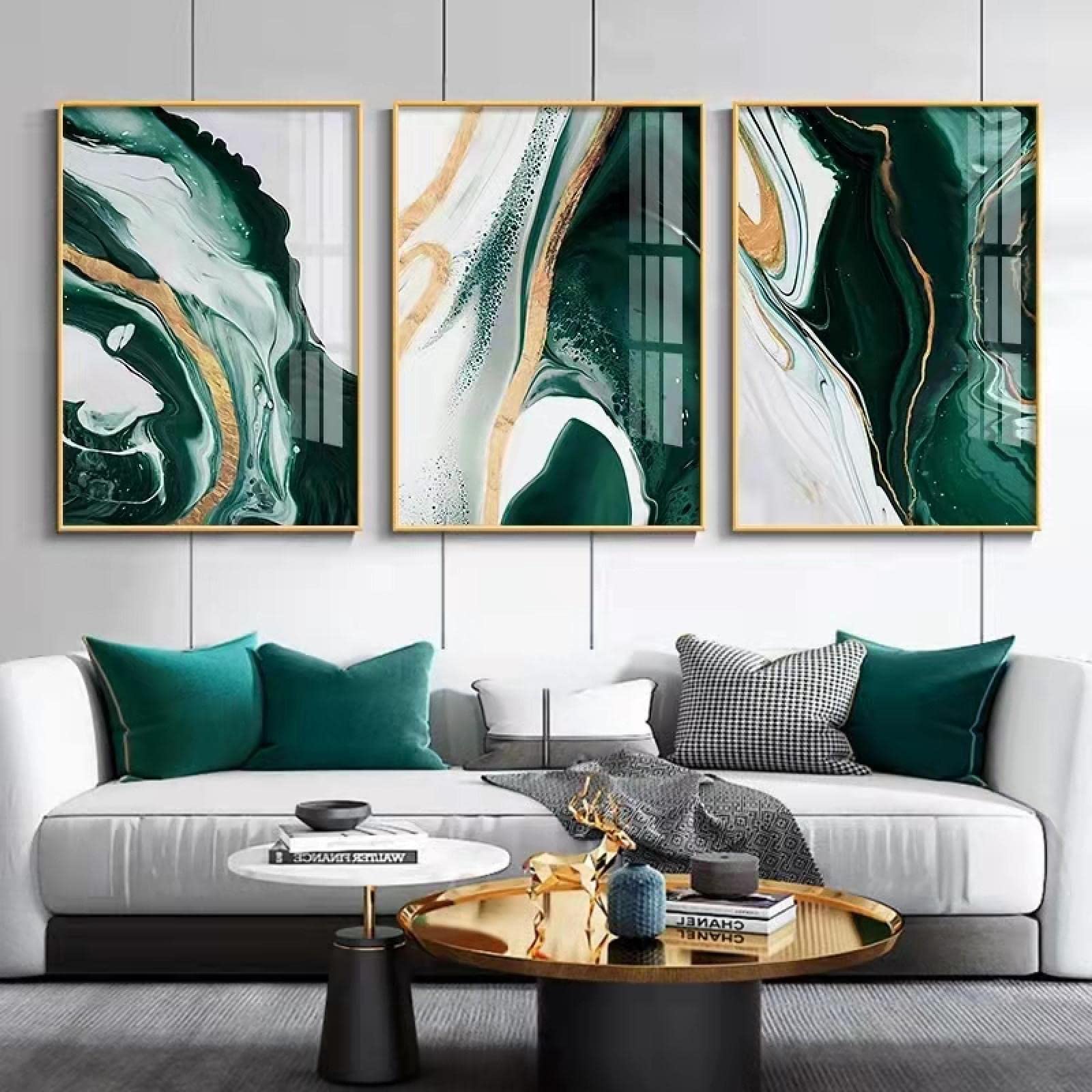 Tableau moderne vert et or : triptyque géométrique abstrait 70x100cm pour salon - 7