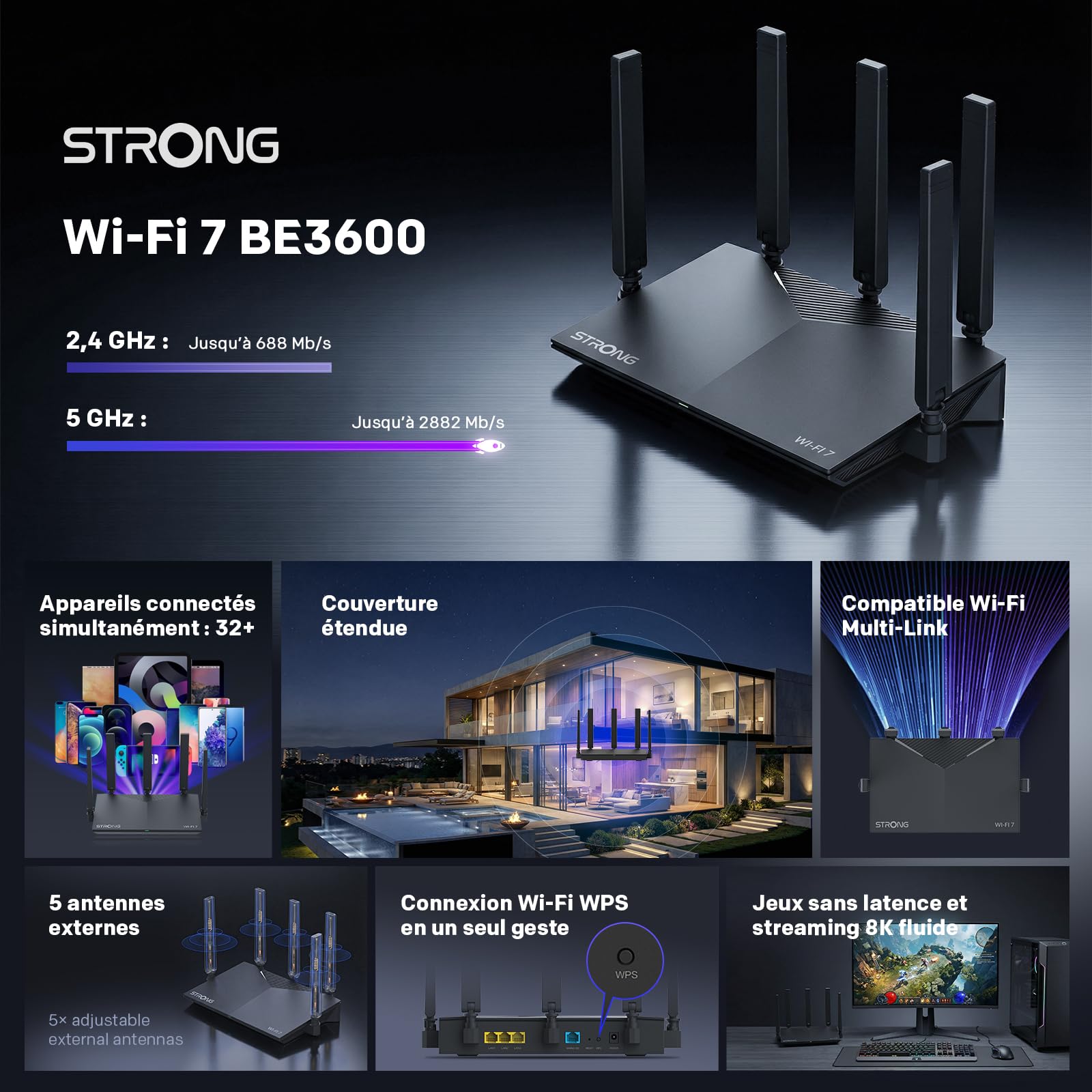 STRONG BE3600 Dual-Band Routeur Wi-FI 7, Ports 2,5G WAN & Gigabit LAN | Jusqu'à 3,6 Gbit/s, MLO, Routeur Wi-FI Internet, 5 Antennes Externes, Gestion App, Contrôle Parental, WPA3, TWT, IPv6