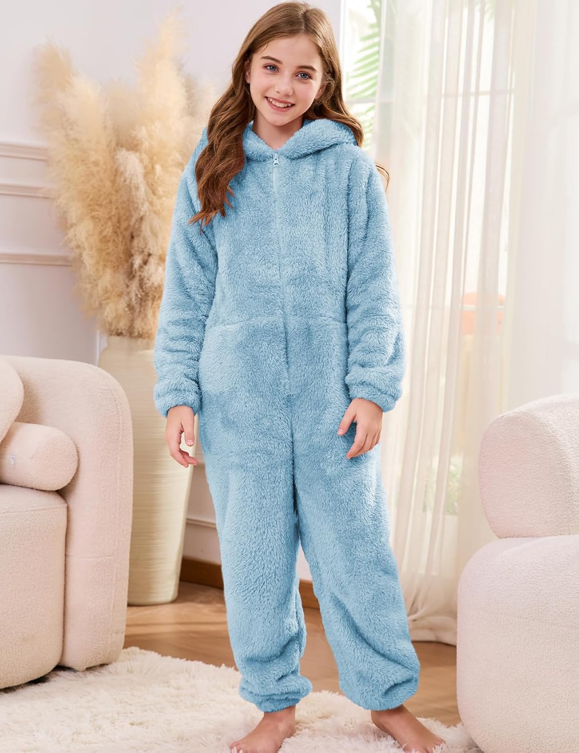 Flygo Girls Fleece Jumpsuits Fuzzy Hooded Rompers Kids Zip up Onesie Romper Costume Warm Winter Clothes 5-14 Years - Image 2