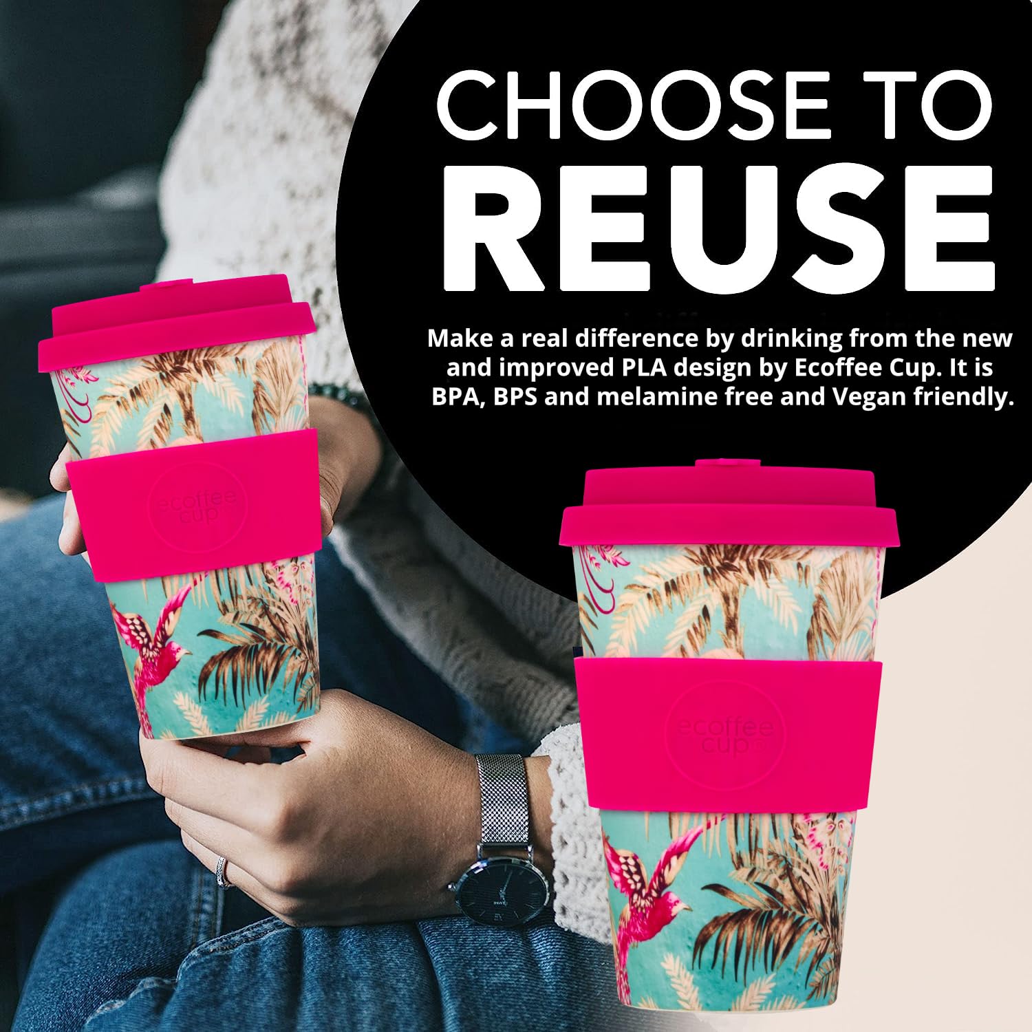 Ecoffee Cup 14oz 400ml Reusable Eco-Friendly 100% Plant Based Coffee Cup with Silicone Lid & Sleeve - Image 3