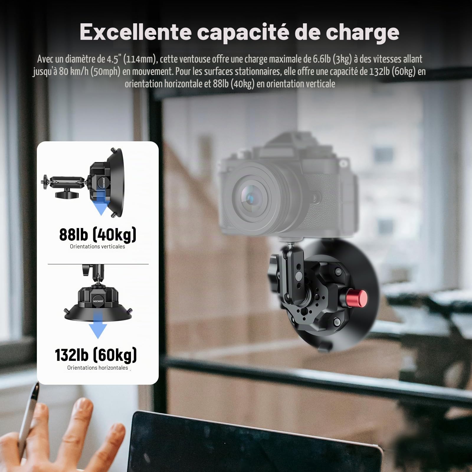 NEEWER Support Caméra Ventouse 4,5" Bras Magique, Compatible avec Arri 1/4" 3/8" Trous, Support Voiture Quick Release, Adaptateur Action Cam Compatible avec iPhone GoPro DJI Insta360, CA105