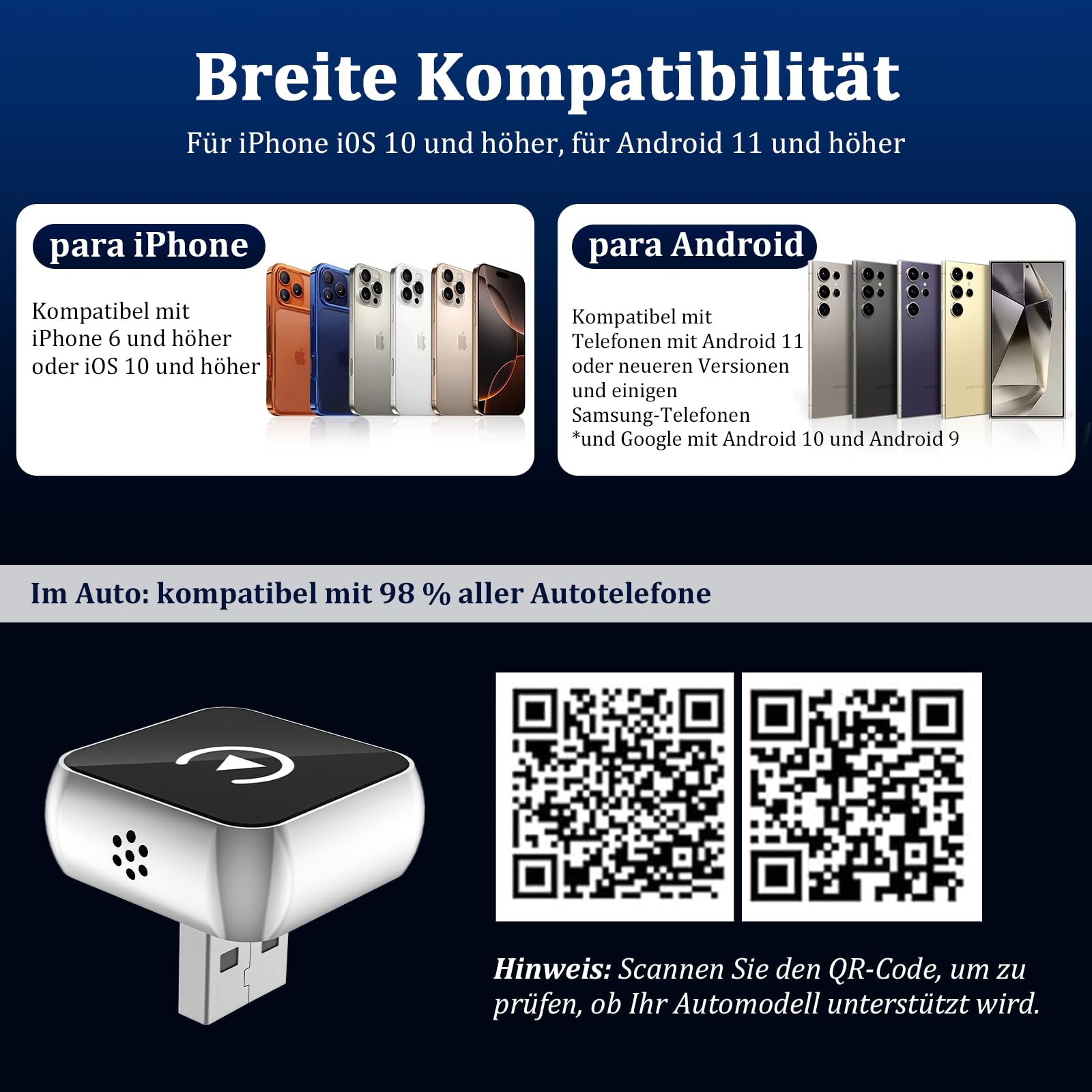 2 in 1 Carplay Wireless Adapter & Android Auto Adapter,USB-A/Typ-C Wired Auf Wireless Kompatibel Mit Für iPhone IOS 10+ e Android 11+,Schnelle Verbindung, Keine Verzögerun, Auto-Wiederverbindun