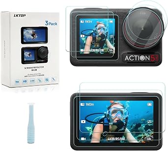 LKTOP 3 PCS Action 5 Pro Screen Protectors + 3 PCS Lens Film Cover + 3 PCS Back Screen Protectors,9H Hardness Tempered Glass for DJI Osmo Action 5 Pro Accessories,with Installation Kit
