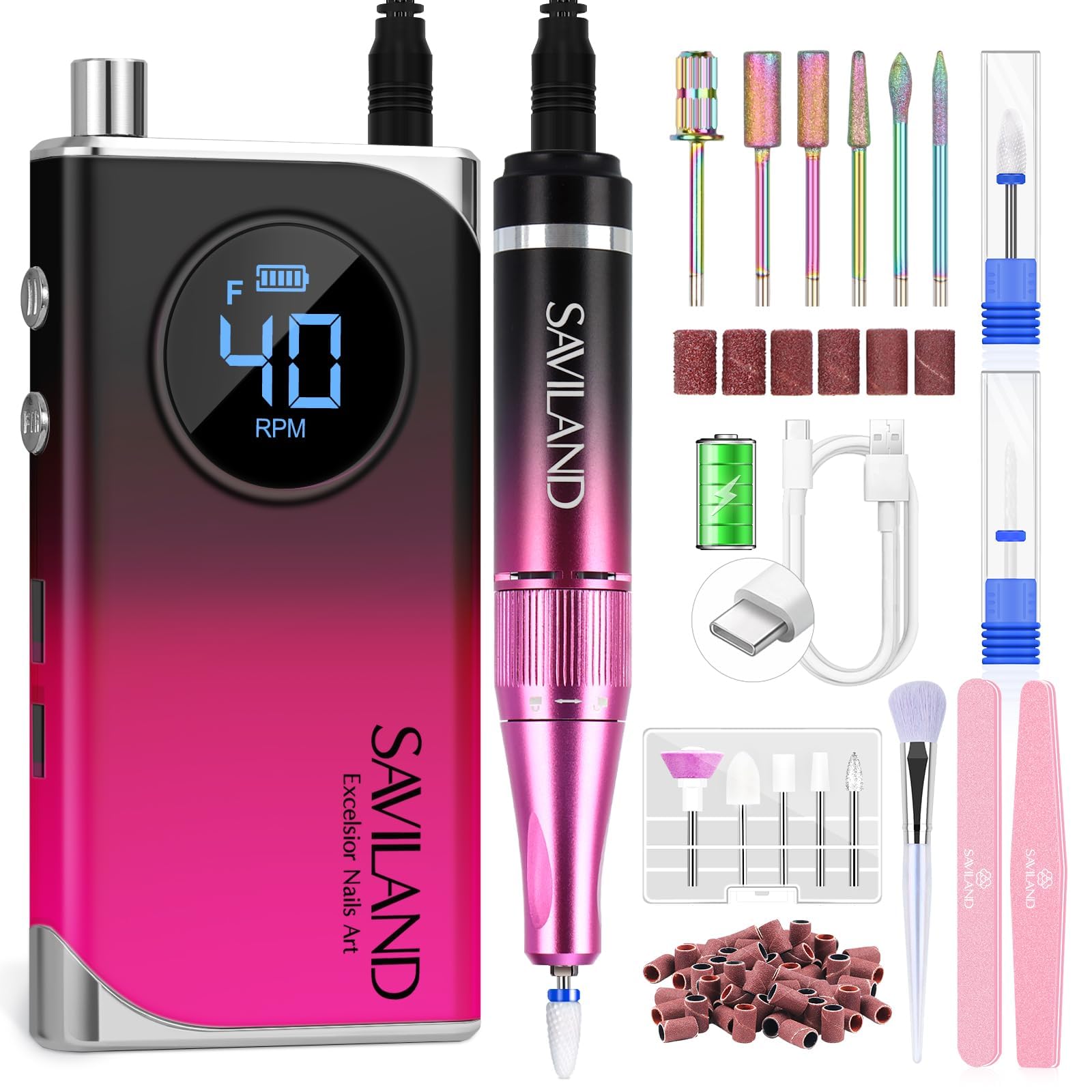 SAVILAND Professional Electric Nail Drill Machine: 40000RPM Rechargeable Nail Drill File with 4000mAh Battery, Ceramic Bit and Sanding Bands for