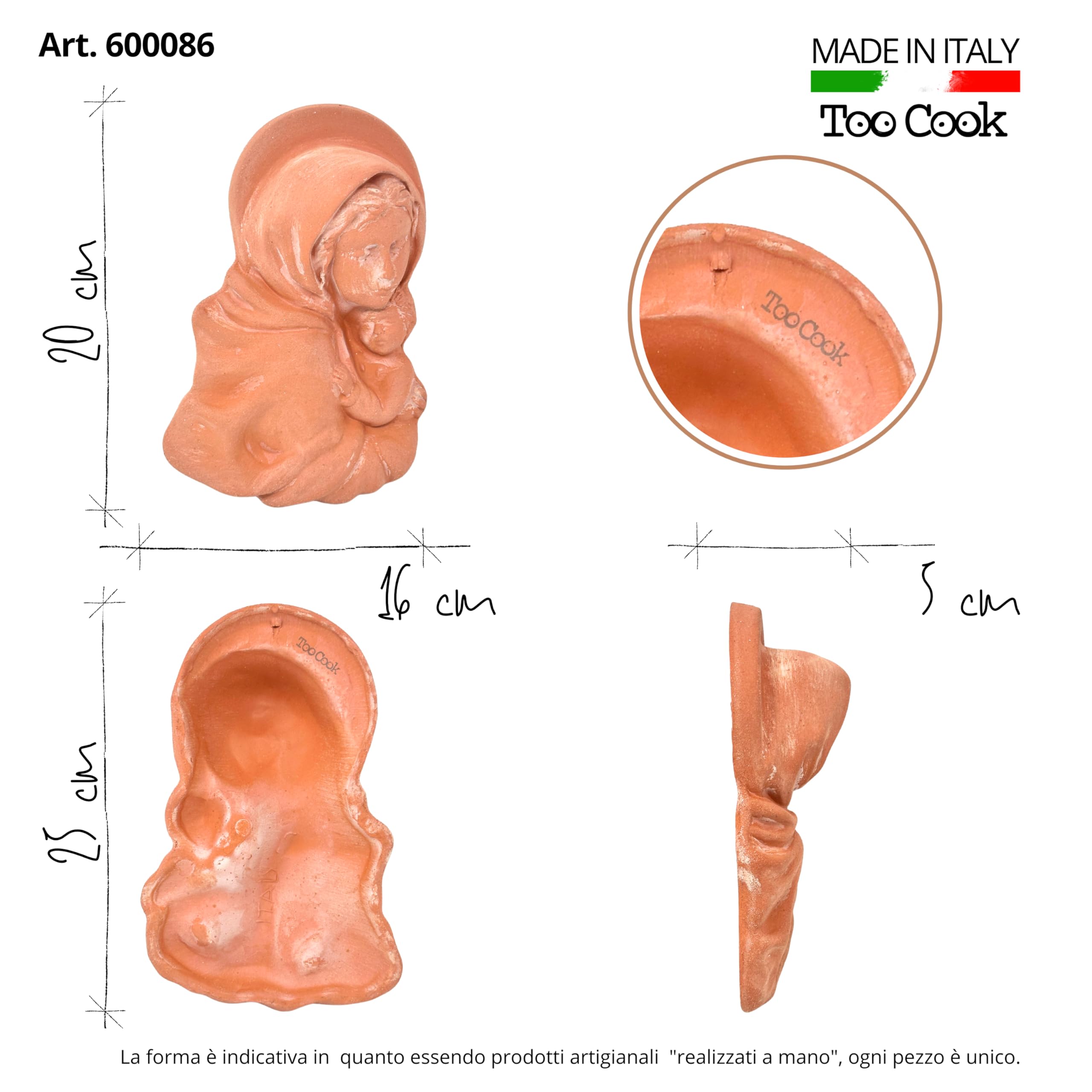 Toocook Scultura Religiosa da Parete in ceramica, Fatto a Mano in Italia, Arte Sacra per Interni ed Esterni - Resistente alle intemperie (Madonna con Bambino)