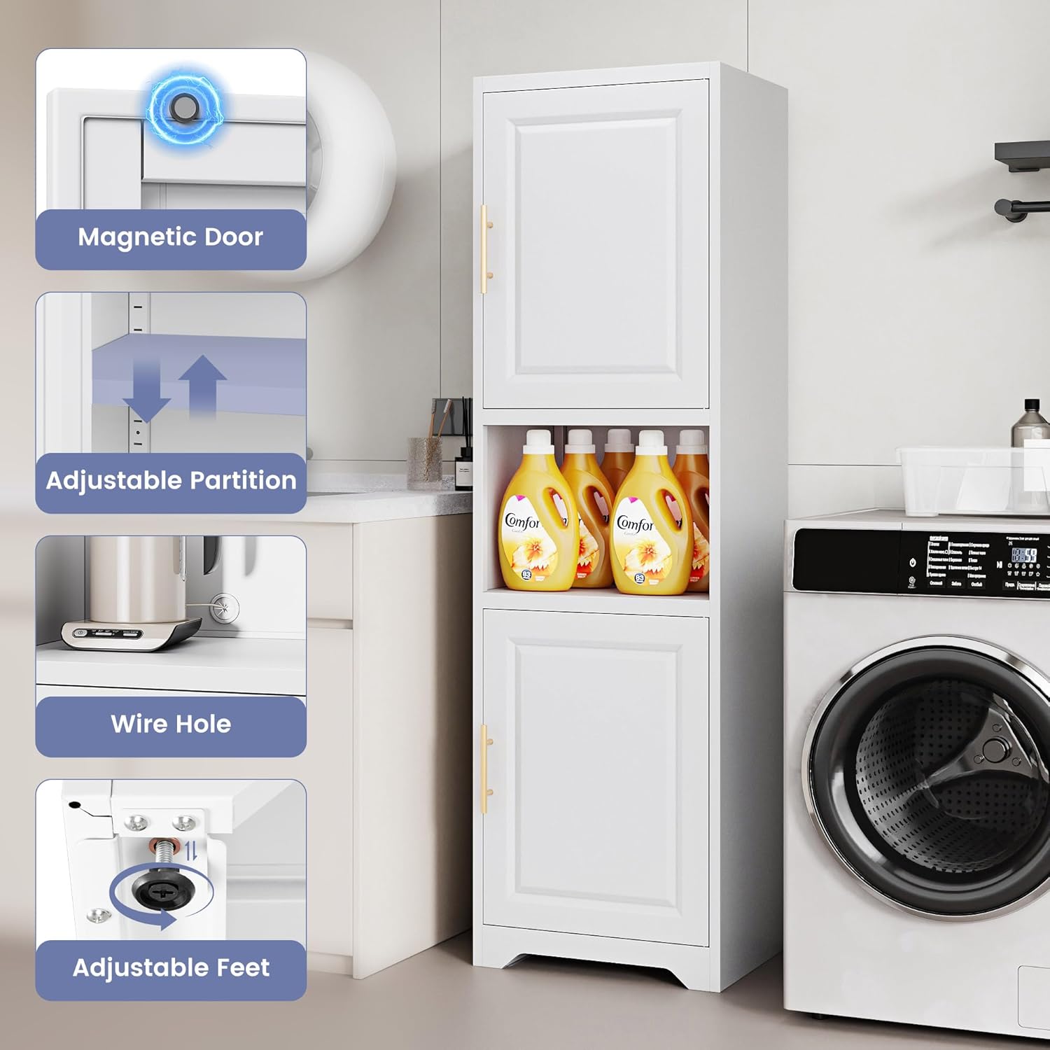 Tall Narrow Storage Cabinet Metal Pantry Cabinet with 2 Doors and 4 Adjustable Shelves, Slim Storage Cabinet for Small Space, Apartment, Bathroom, Kitchen, Laundry, White