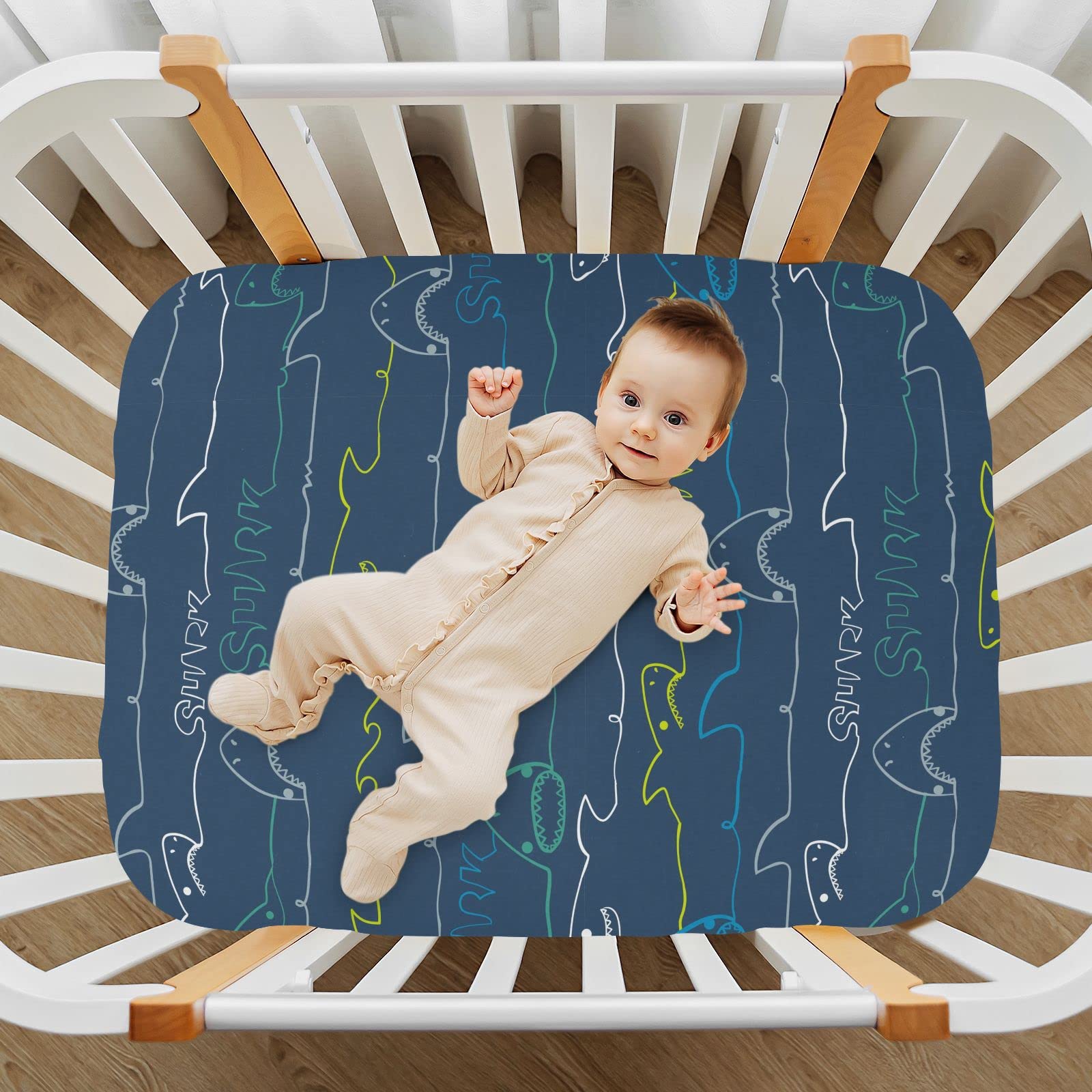 KICPOAY Fitted Crib Sheets Shark Ocean Stretchy Portable Playard Sheets for Baby Toddler, Breathable Soft Mini Crib Mattress 52 x 28 in for Boys and Girls