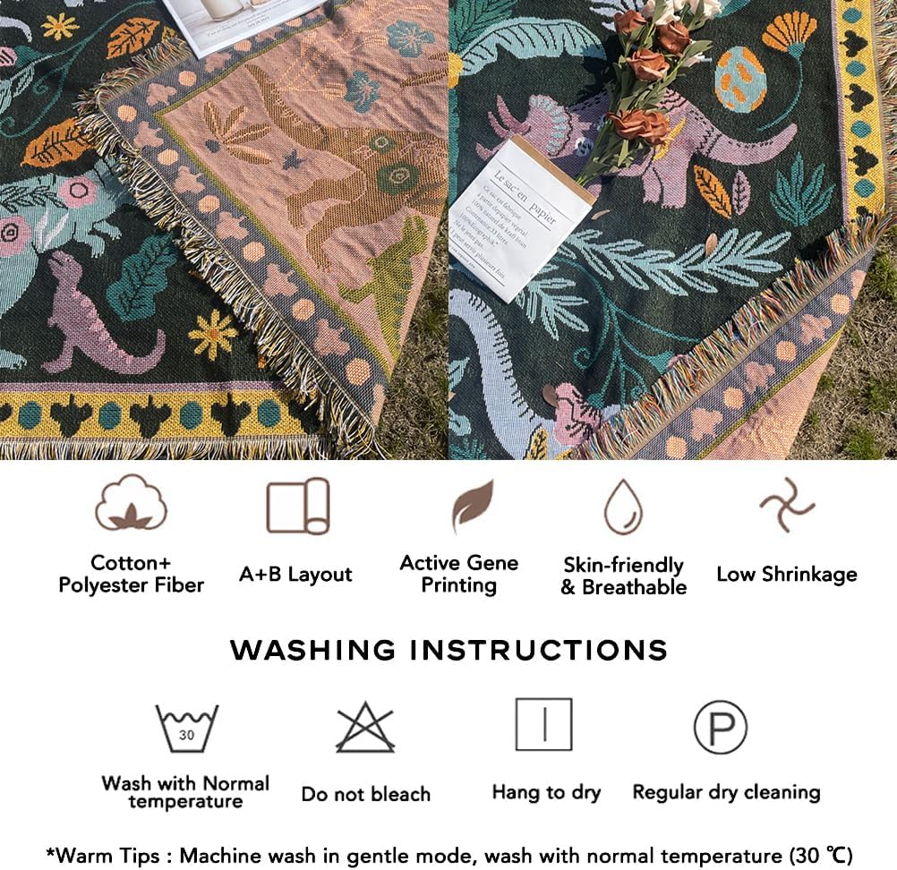 Dinosaur Animal Throw Woven Blanket with Tassel for Home Decoration Chair Couch Sofa Bed Beach Travel Picnic Cloth Tapestry Shawl Cozy Cotton (Dark Green 63×51 Inches)