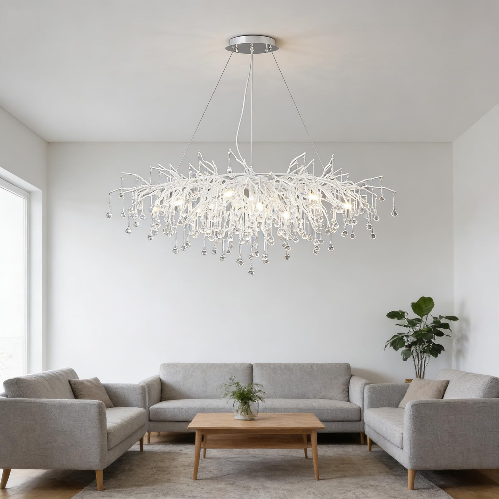 KXEcoLife Contemporary Large Rectangular Crystal Chandelier, Luxury Tree Branch Pendant Ceiling Light Fixture for Dining Room, Kitchen, Living Room and Bedroom,Silver L120cm