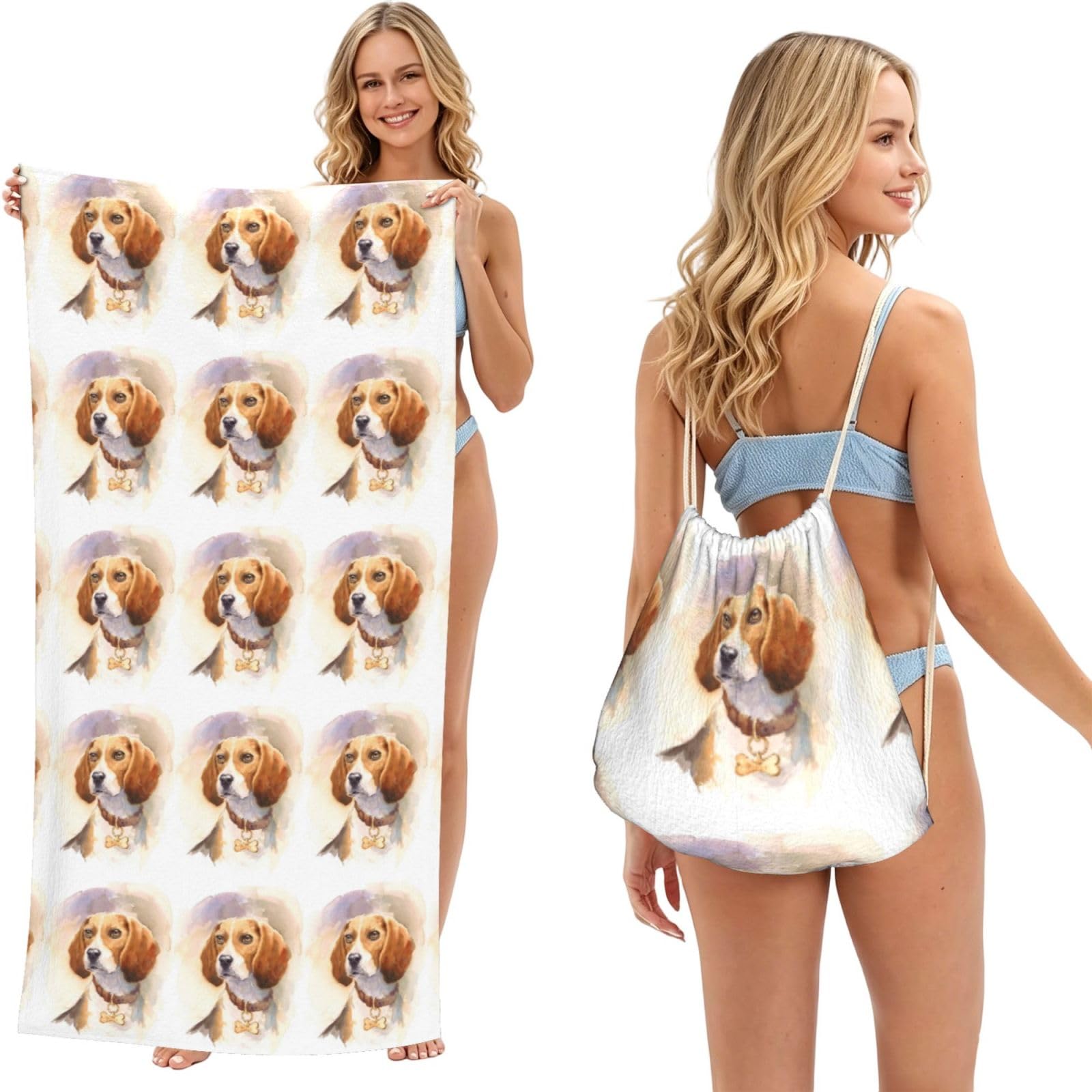 Poadnly As Picture Watercolor Beagle Head, 2 In 1 Packable Towel Bag, Beach Towels With Drawstring Backpack For Travel Holiday Camping