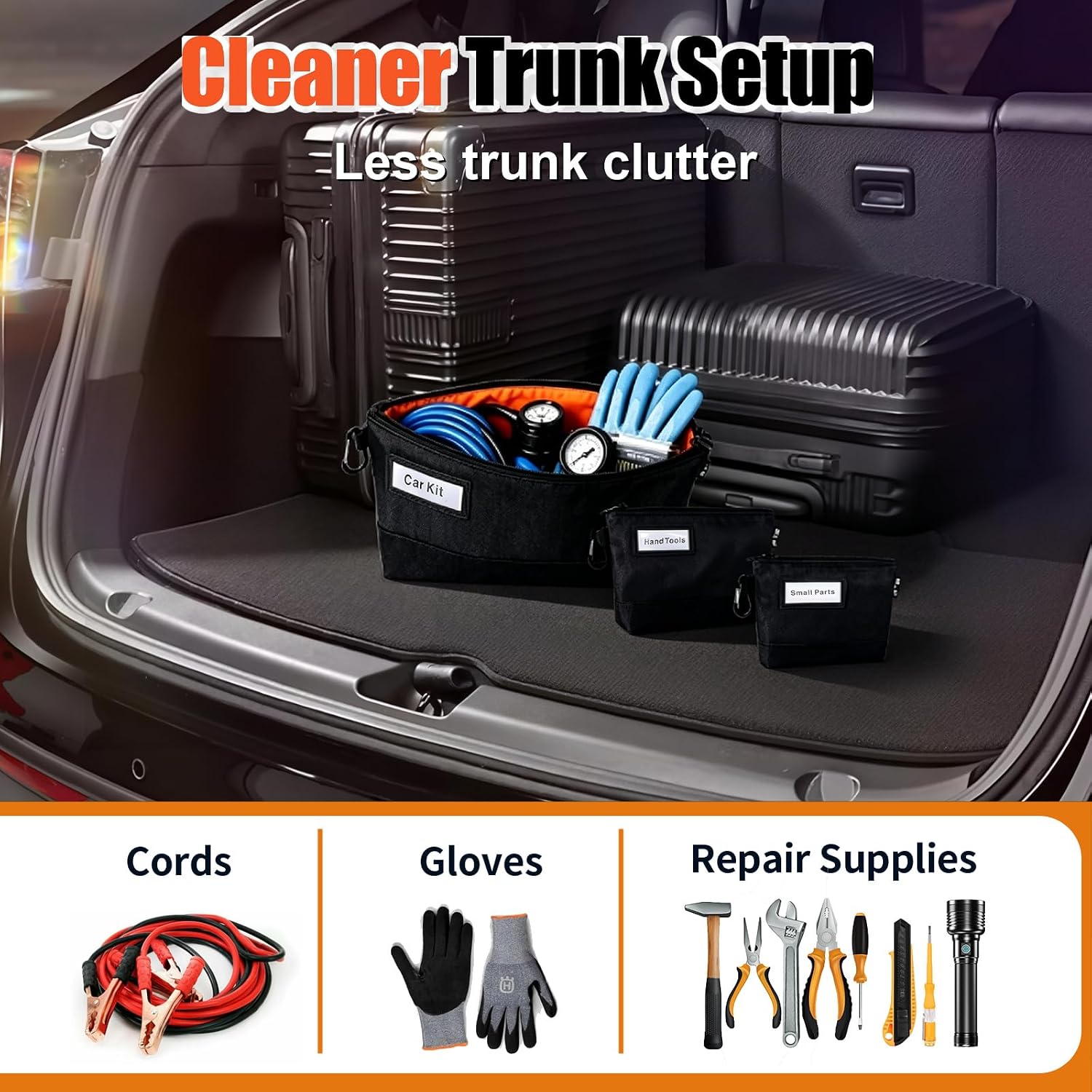 3 Pack Zipper Tool Pouches, Small, Medium, Large, Stand-Up | 1680D Oxford, 2520D bottoms, 300D hi-vis lining, PU-trimmed label windows and carabiners for garage and car trunk storage.