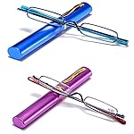 Viseng Slim Mini Metal Reading Glasses Compact Lightweight Portable Readers with Glasses Case for Reading Case +1.5 (Blue/Purple)