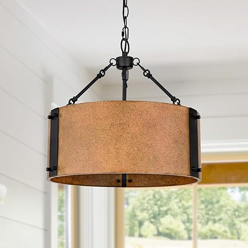 Candelabro industrial, pantalla de tambor de bronce rústico de 3 luces, accesorio de iluminación colgante de granja con detalles de metal para