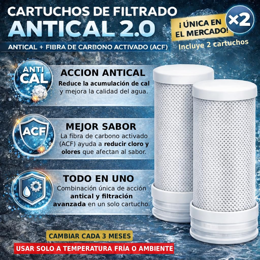 EcoUV - Filtro de Agua para Grifo Antical con Tecnología UV Bacteriostática Patentada con 2 Filtros Antical y Fibra de Carbono - Elimina Cal, Cloro, Bacterias