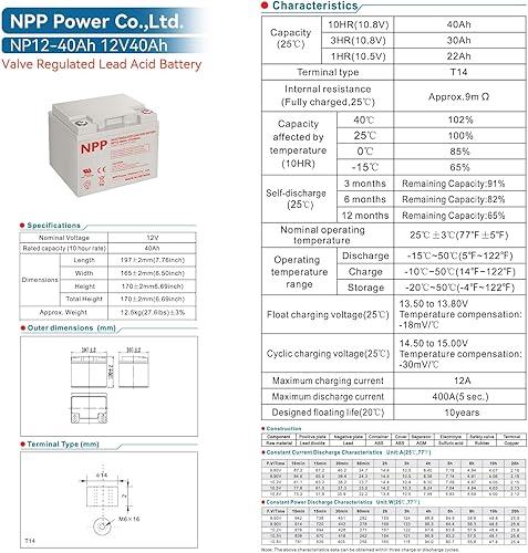Miniatura 7 de NPP NP12-40Ah (2 piezas) 12V 40Ah 12Volt AGM SLA recargable batería de plomo ácido sellada con terminales estilo botón