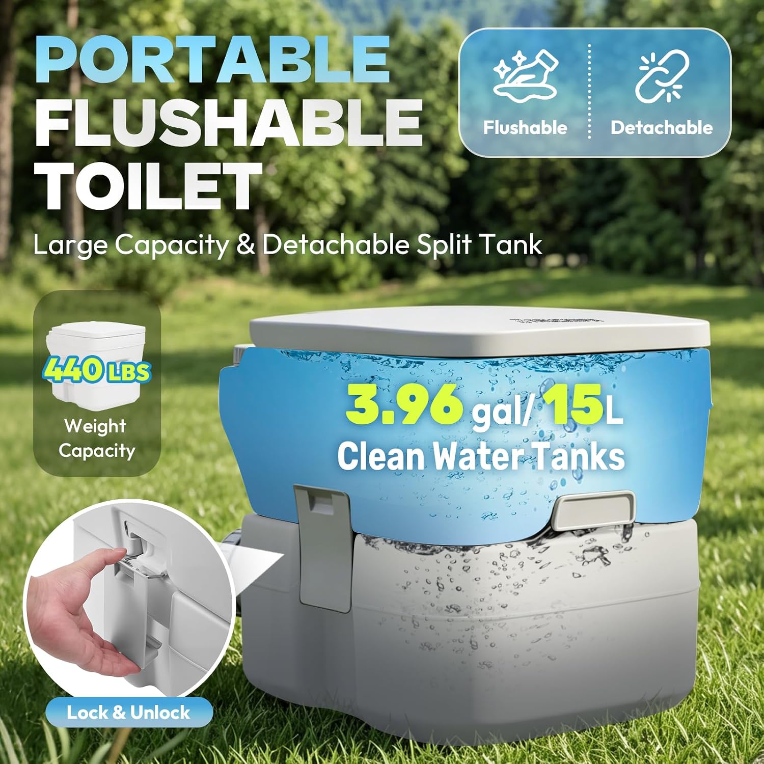 Truckiipa Portable Toilet for Camping, 5.3 Gallon Portable Toilet, RV Toilet with 3.96 Gal Detachable Waste Tank for Adult, Leak-Proof Odor Control Camping Toilet for RV, Boat, Trips