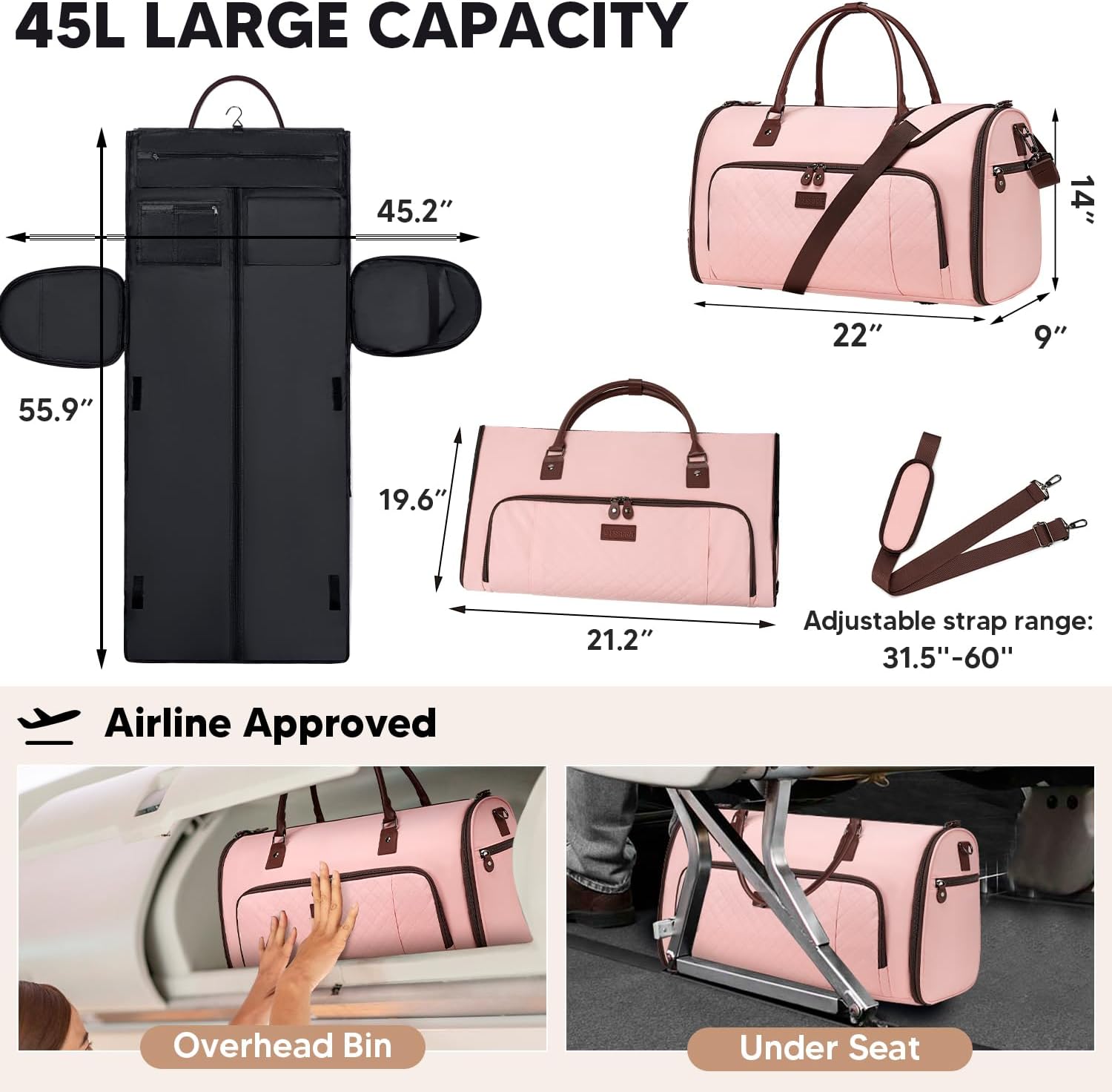 Garment Bag for Airplane Travel,Weekender Travel Bag for Women, 2 in 1 Convertable Garment Duffle Bag with Shoes Compartment Carry on Bag Hanging Garment Bag Travel with Shoulder Strap,Pink - Image 2