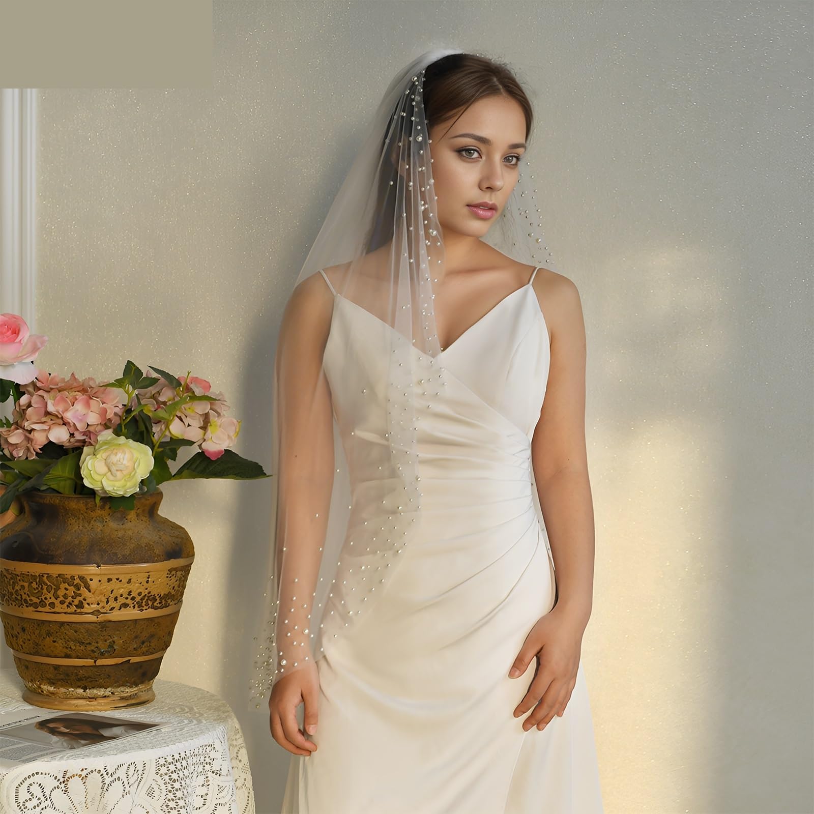 Schleier Braut Brautschleier mit Perlen, kurz, for Hochzeit, elegant, Weiß/Creme, mit Kamm