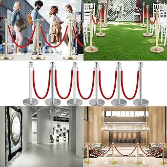 Crowd Control Stanchion, Set with 5 ft/1.5 m Red Velvet Rope, Stanchion Rope Divider, Stainless Steel Queue Barrier Line Divider with Fillable Plastic Base, Airport(4)