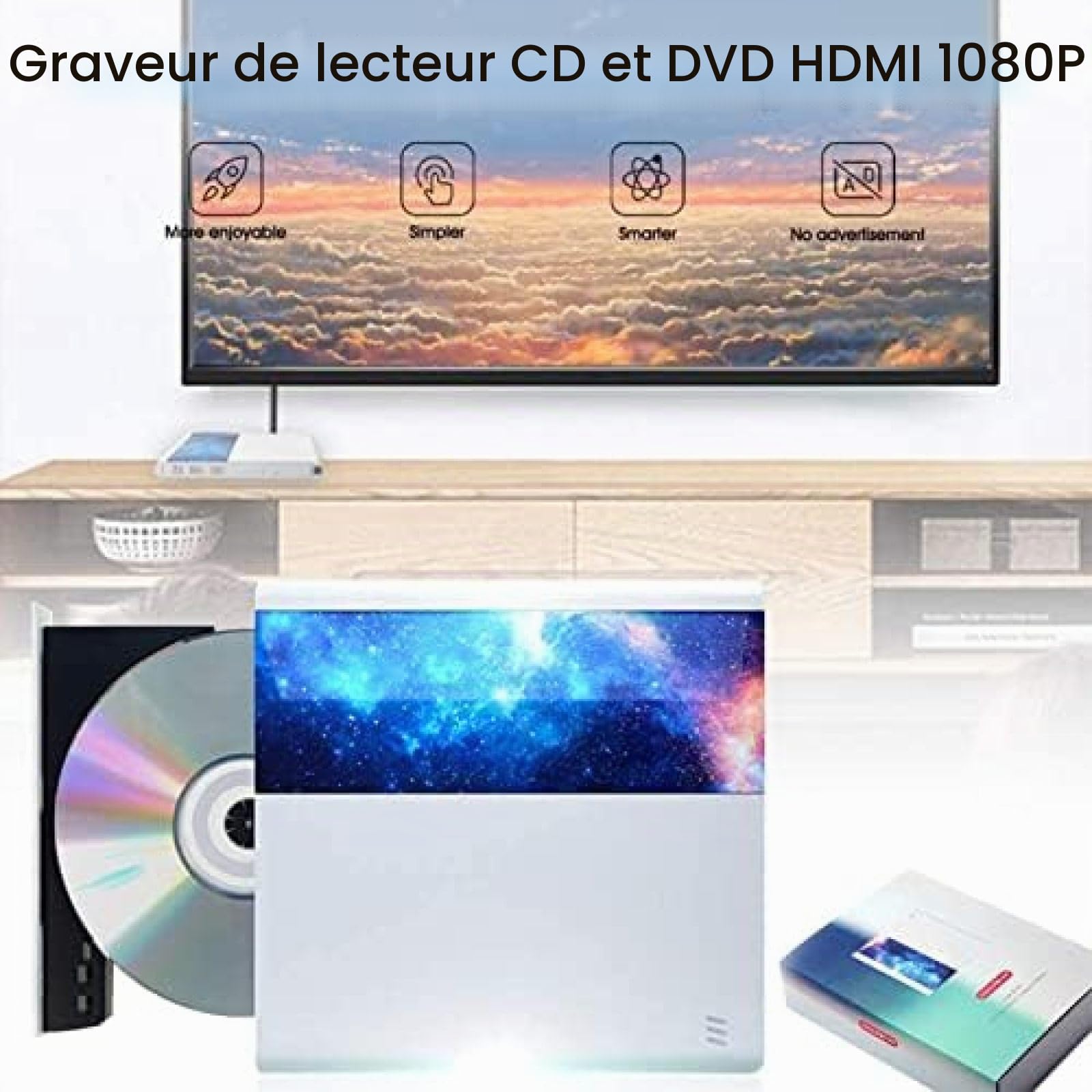 Lecteur DVD Portable, Lecteur DVD Externe USB 3.0 / USB-C avec Graveur CD/DVD HDMI 1080P pour Ordinateurs, Téléviseurs, Ordinateurs Portables,Picturesque234