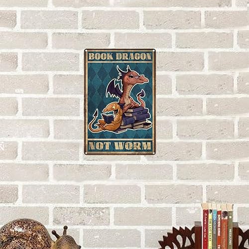 Miniatura 3 de Letrero de metal retro con diseño de dragón con texto en inglés "Dragon Not Worm", póster divertido para biblioteca, cafetería, sala de estar,