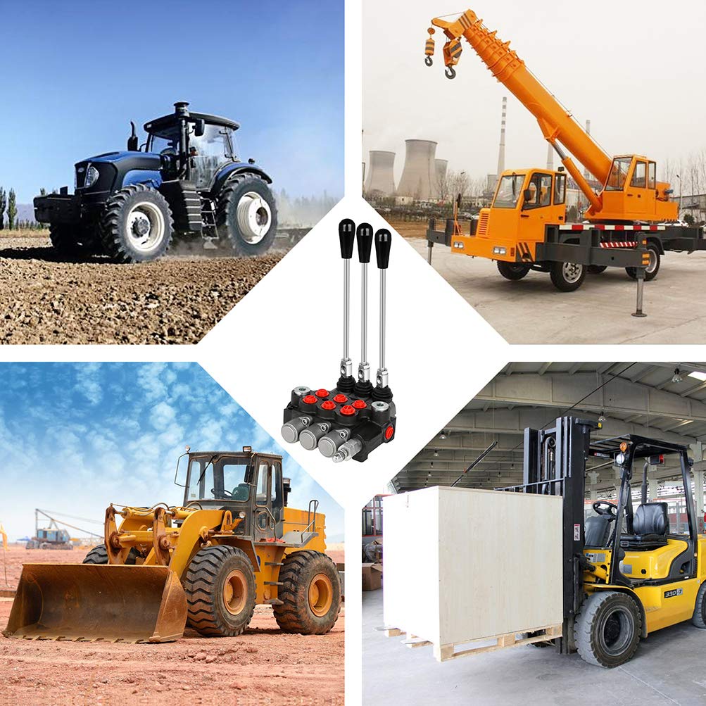 Válvula de control de flujo hidráulico de 3 carretes, 11 GPM, puertos SAE, mango de palanca de alivio ajustable, cargador de tractor central paralelo de doble acción con palanca de mando para