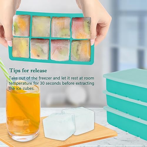 Miniatura 3 de NueZoo Bandeja grande para cubitos de hielo, paquete de 4 moldes de silicona para cubitos de hielo con tapa, 2 pulgadas, cuadrada, 8 cubos de hielo