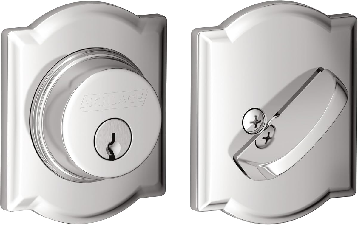 Cerrojo para puerta delantera Schlage Camelot de un solo cilindro, cromo brillante | Cerrojo de un solo cilindro con llave en el exterior y giro en el interior, ajuste universal, máxima seguridad residencial y durabilidad
