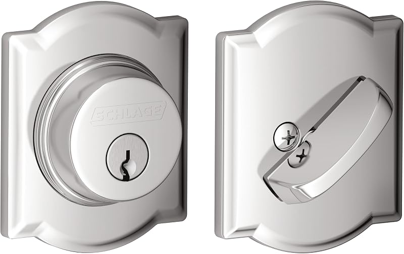 Cerrojo para puerta delantera Schlage Camelot de un solo cilindro, cromo brillante | Cerrojo de un solo cilindro con llave en el exterior y giro en el interior, ajuste universal, máxima seguridad residencial y durabilidad