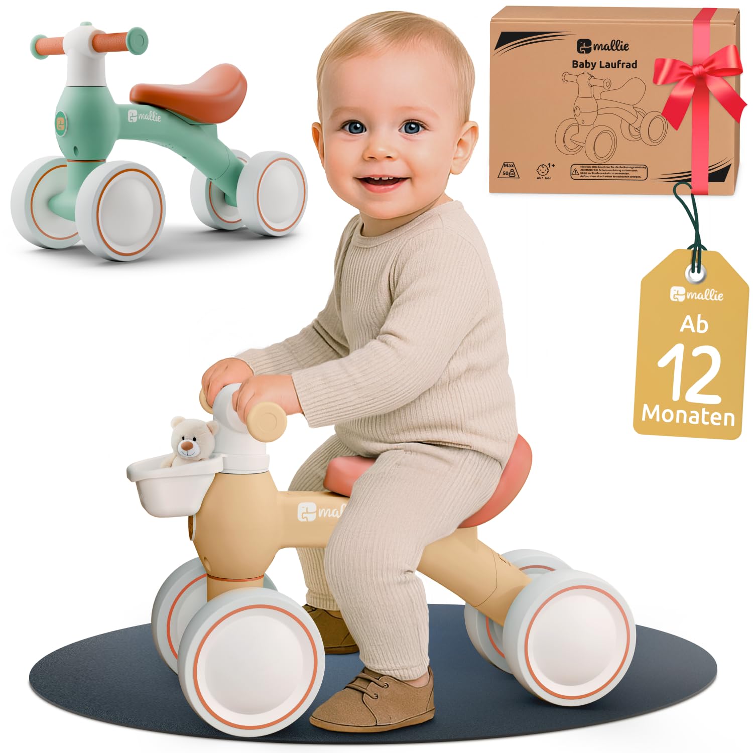 Mallie® Laufrad ab 1 Jahr I Ab 12 bis 24 Monate inkl. Gratis Korb als Laufräder, Rutschauto, Schaukelpferd oder Dreirad ab 1 Jahr Ersatz I Balance Bike Kinderspielzeug als Geschenk 1 Jahr