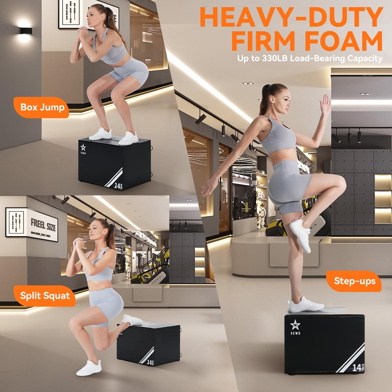SEWD 3-in-1 Foam Plyometric Box, High Density Exercise Platform, 14-inch Multi-Functional Workout Box with Resistance Bands, Exercise Handle and Ankle Strap.