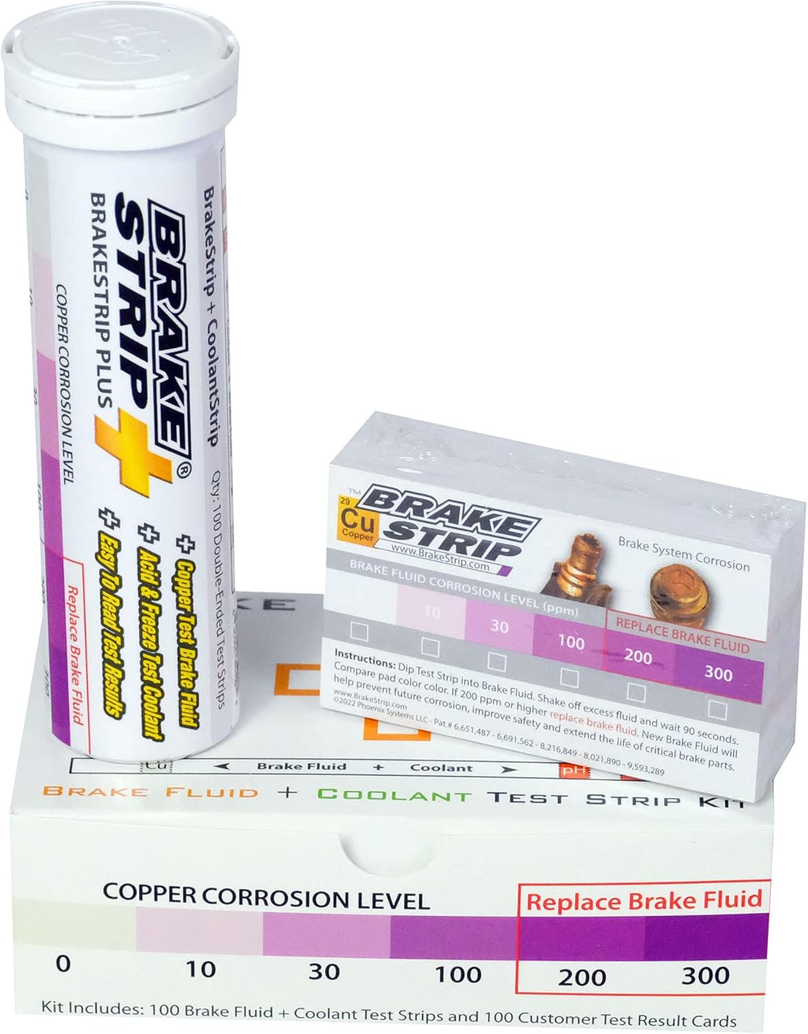 BrakeStrip Plus Service Center Kit. Double Ended Brake Fluid Plus Coolant Test Strips and Rating Scale Cards