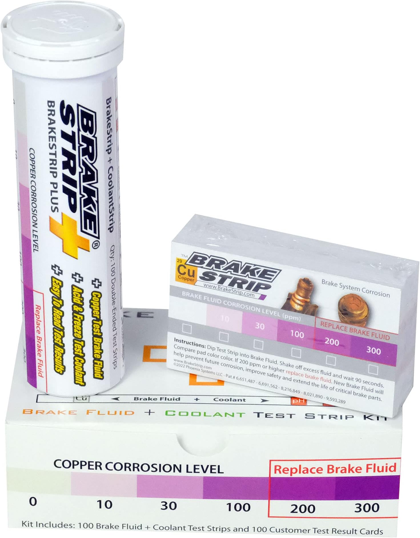 Phoenix Systems BrakeStrip Plus Service Center Kit. Double Ended Brake Fluid Plus Coolant Test Strips and Rating Scale Cards