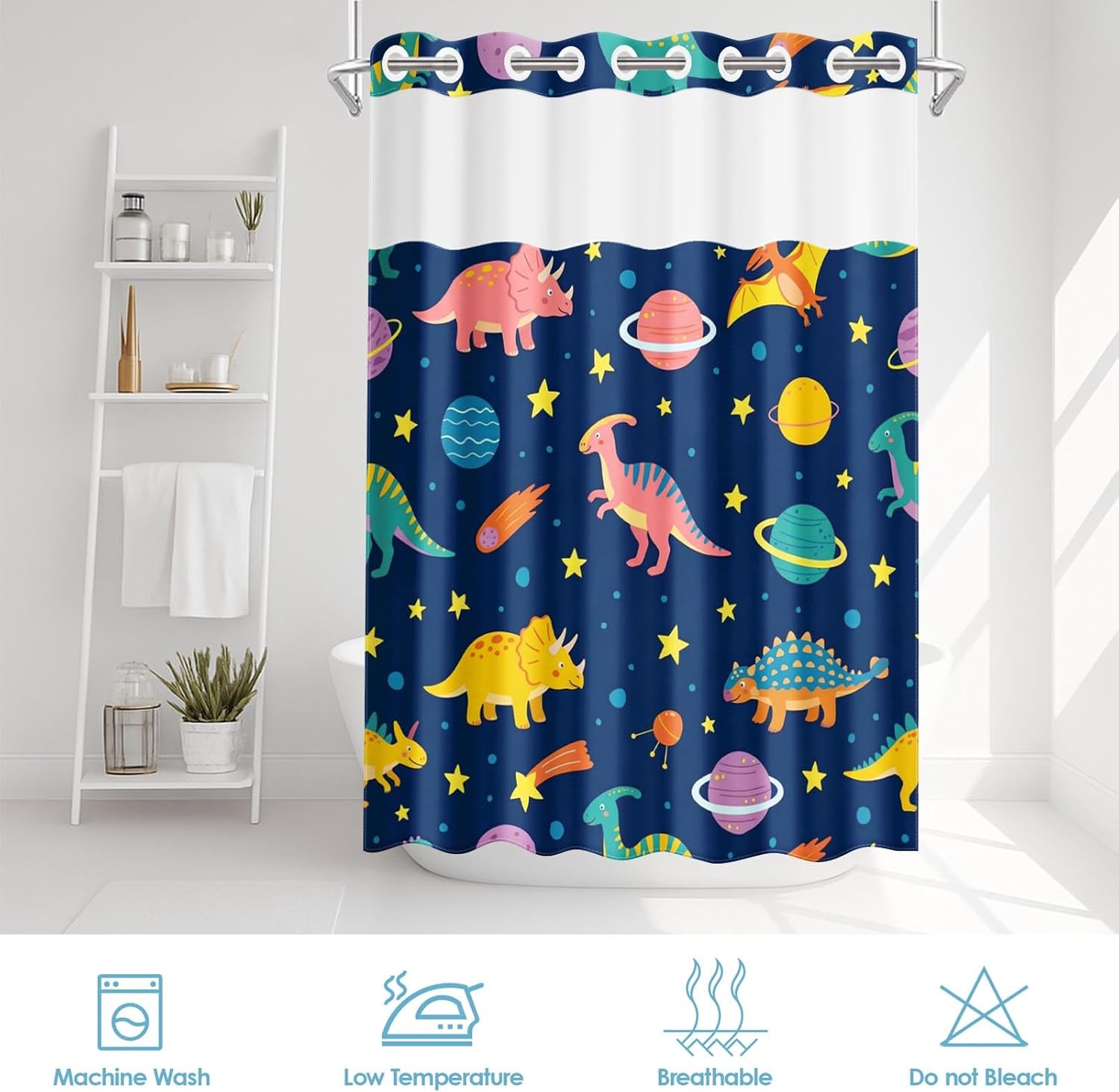 No Hook Funny Space Dinosaurs Shower Curtain with Snap in Fabric Liner Set, Waterproof with See Through Mesh Top Window, Cute Monster Kids Cartoon Bath Curtain 71x74 Inch
