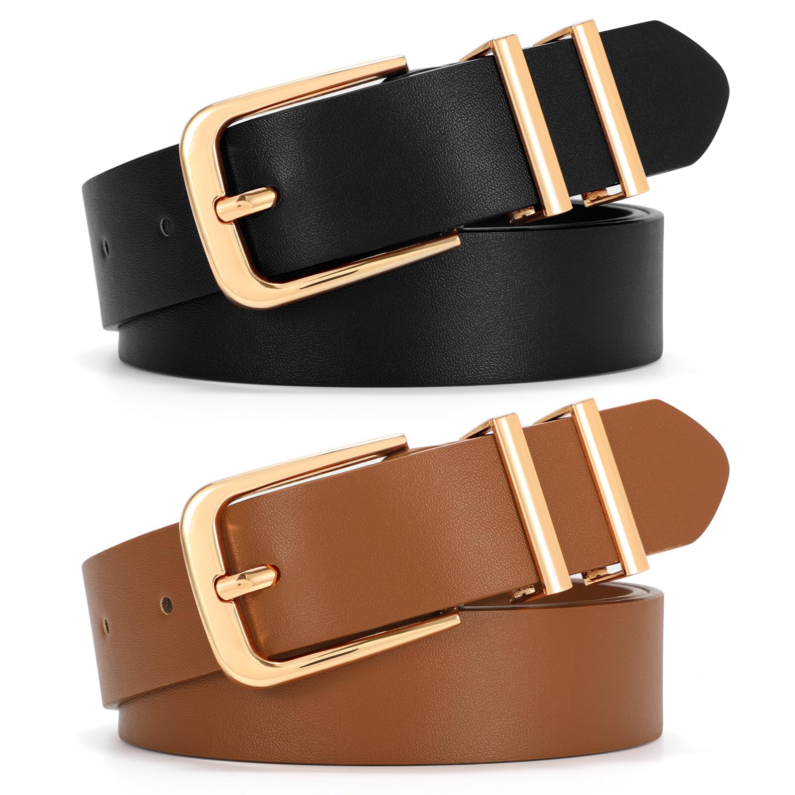 SANSTHS 2 Pack Women Belt for Jeans Pants Simple Fashion Ladies Waist Belt with Gold Buckle 1inch Width