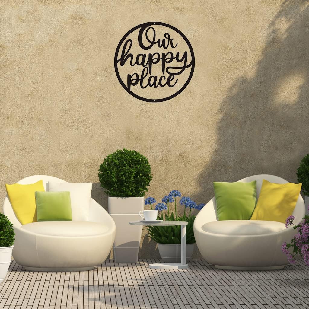 Our Happy Place Sign Metal Art Wall Decor Hanging Lettering Home Sculpture Farmhouse Decorations For Living Room Bedroom Kitchen Garden Porch Shop Black Metal Art Wall Decor