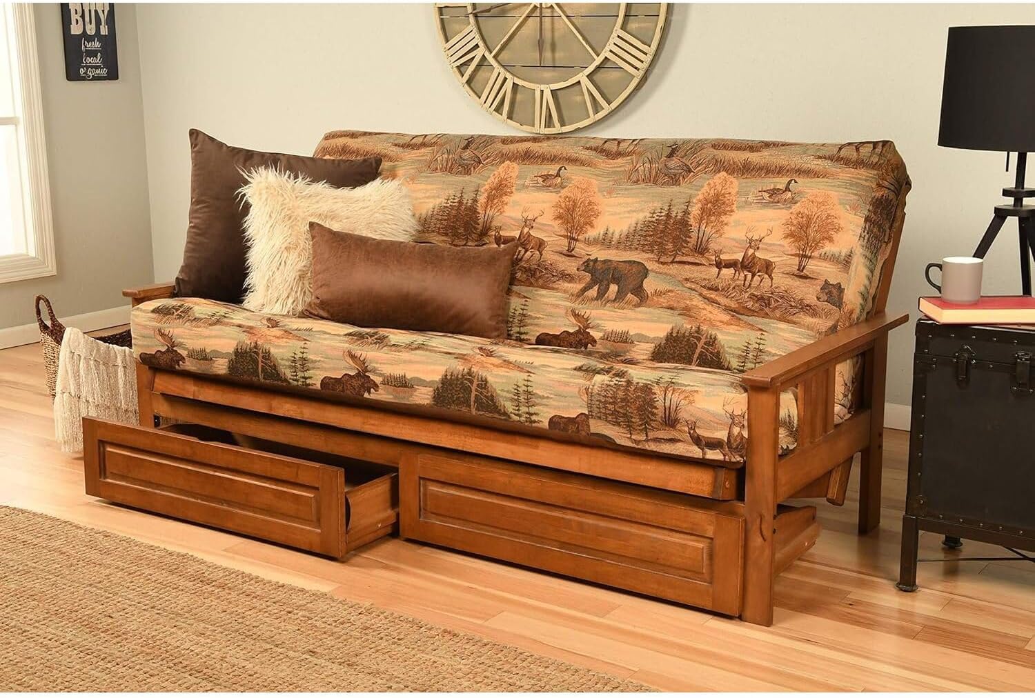 Modern Muse Wood Futon Frame Set with Storage Drawers, Classic Style with Mission Style Arms with Solid Pattern with Foldable Feature for Lounge Room with Tight Back Canadian/Barbados