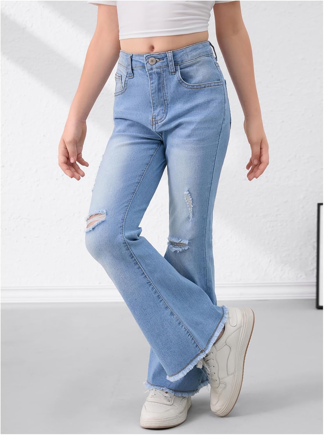 SHENHE Girl's High Waisted Flare Leg Jeans Split Raw Hem Denim Pants with Pockets - Image 4