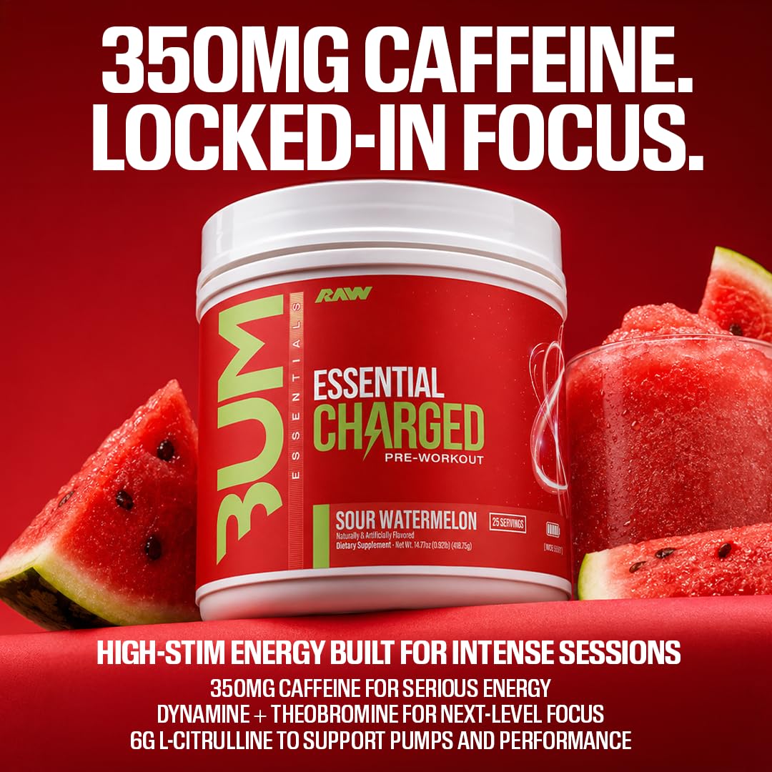 RAW Pre-Workout Powder, Essential CHARGED (Sour Watermelon) - Preworkout Supplement for Men & Women - Supports Focus, Mood & Performance - Caffeine, Alpha-GPC, L-Citrulline, Beta Alanine (25 Servings) — Amazon image 2